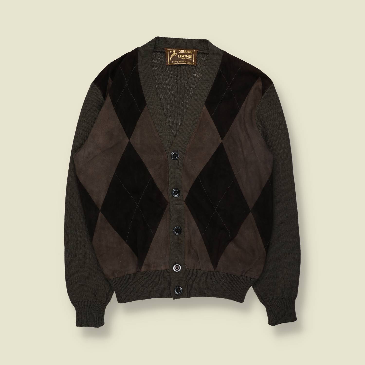1970s | Leather Argyle Cardigan | Brown - M