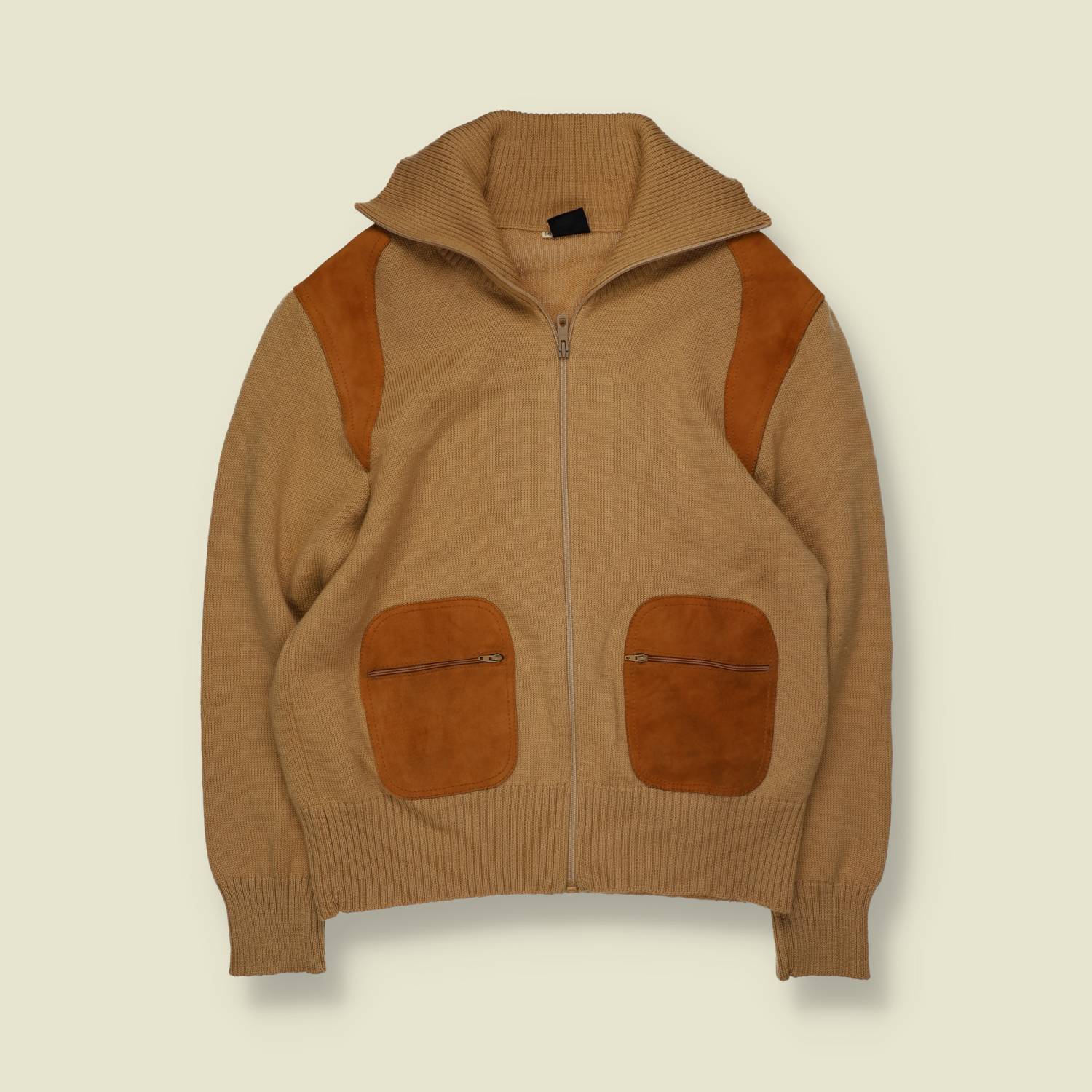 1970s | Knit & Leather Zip Jacket | Camel - M