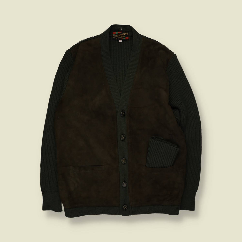 1970s | Glenhusky of Scotland | Leather & Wool Knit Cardigan | Dark Brown - M