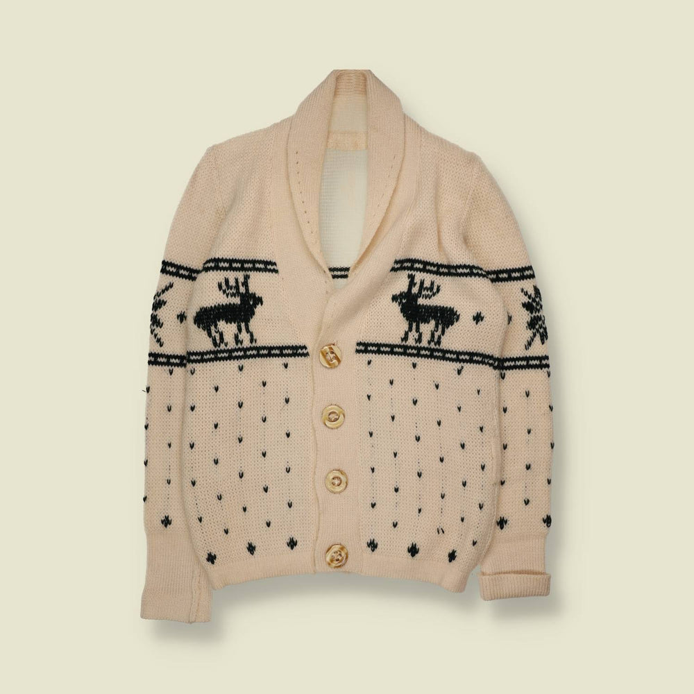1970s | Reindeer Knit Cardigan | Cream - XS