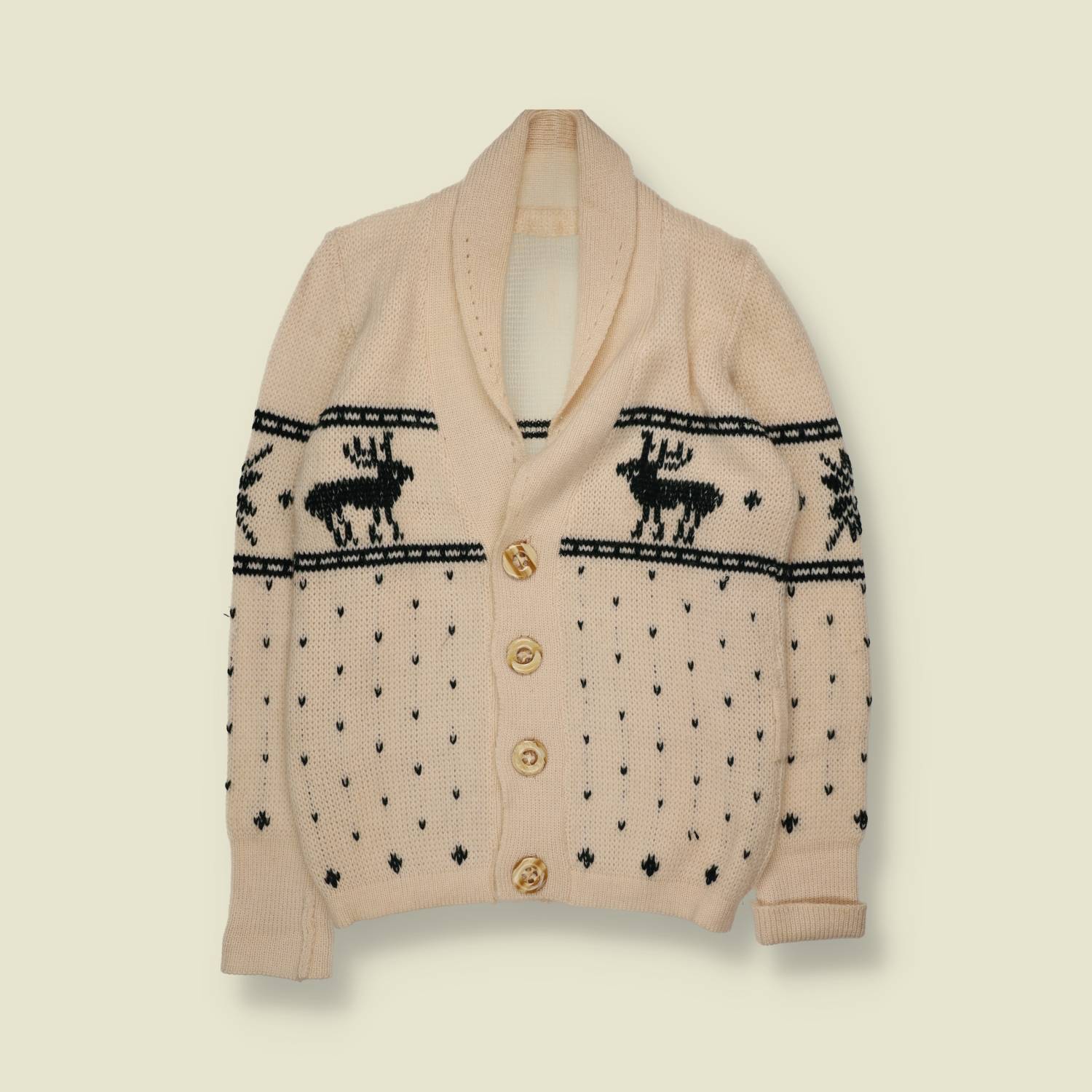 1970s | Reindeer Knit Cardigan | Cream - XS