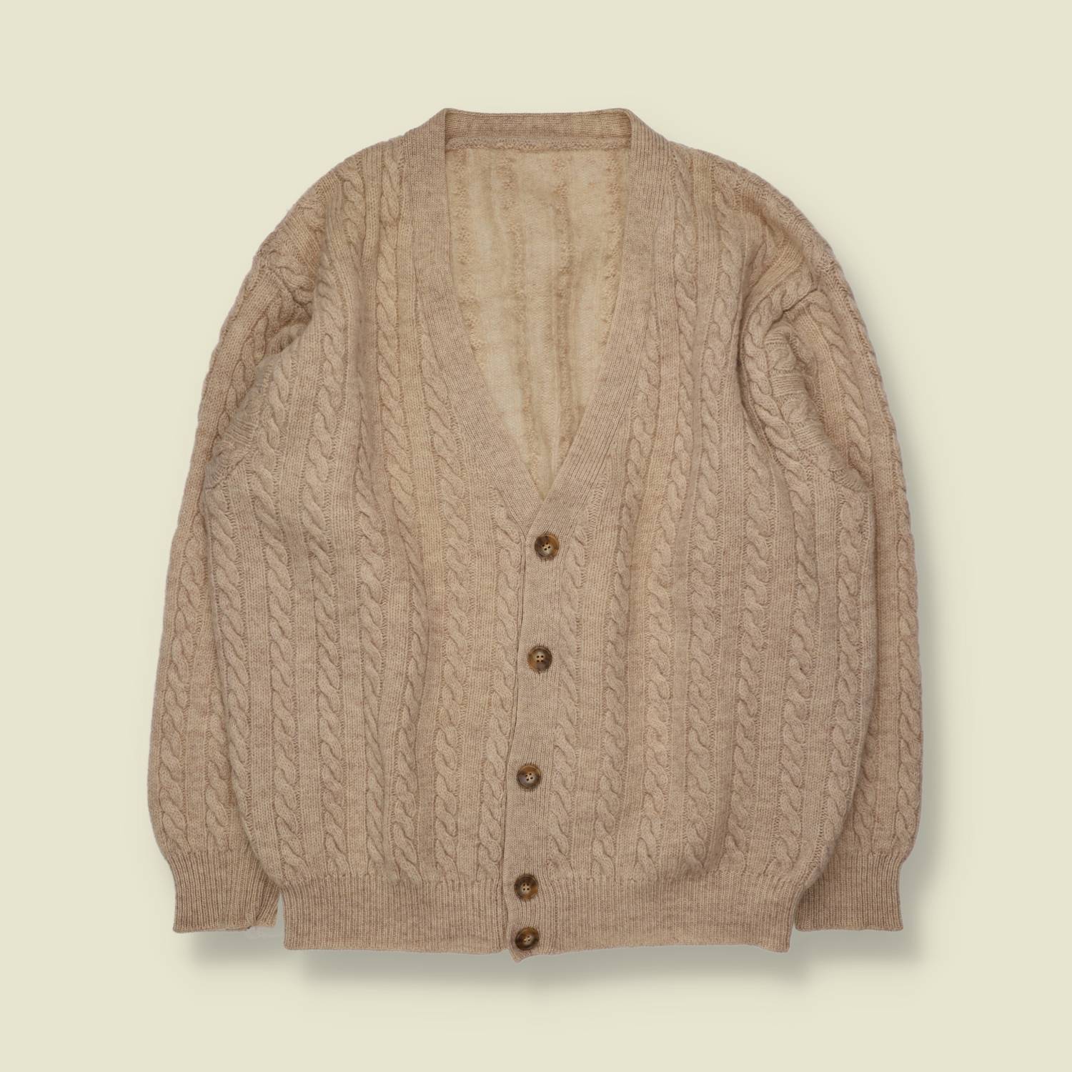 1970s | Cable Knit Wool Cardigan | Oatmeal - XXL