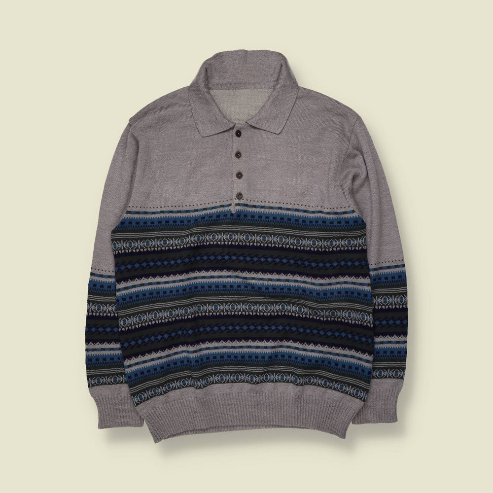 1980s | Fair Isle Polo Jumper | Grey & Navy - L