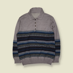 1980s | Fair Isle Polo Jumper | Grey & Navy - L