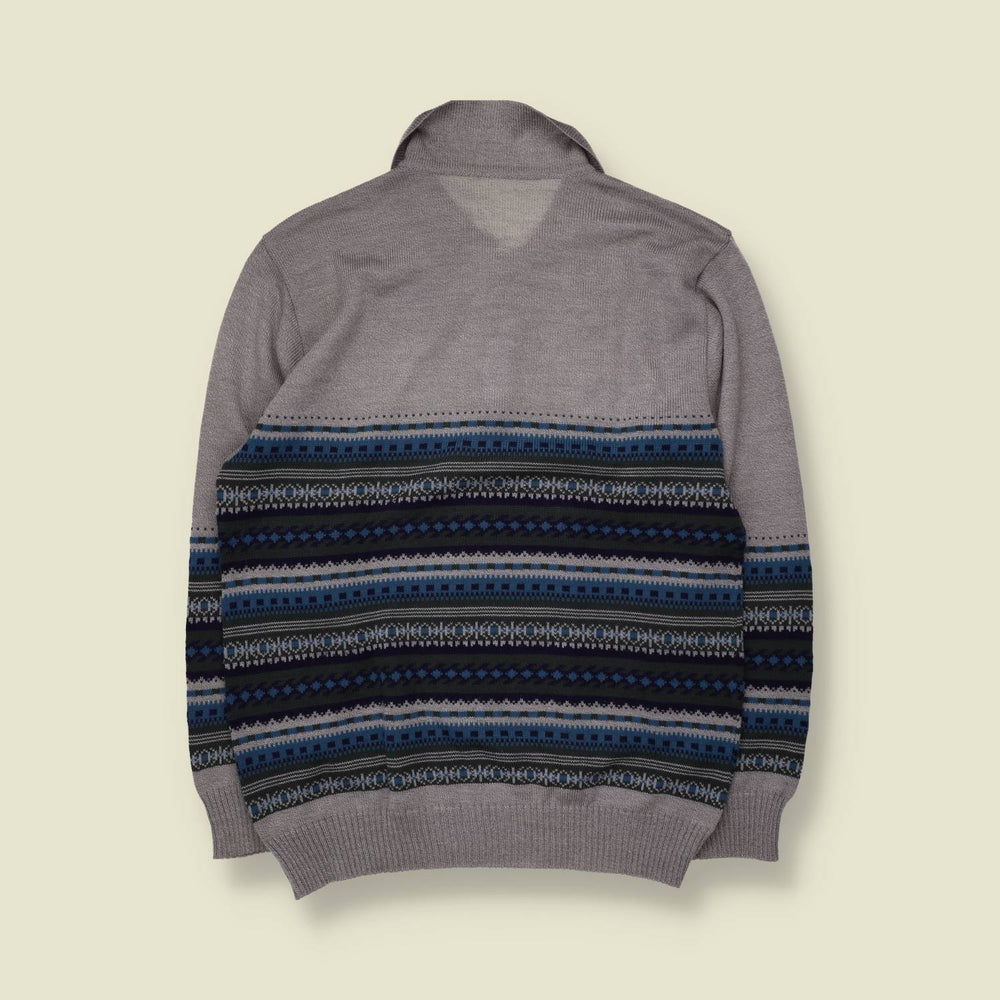 1980s | Fair Isle Polo Jumper | Grey & Navy - L
