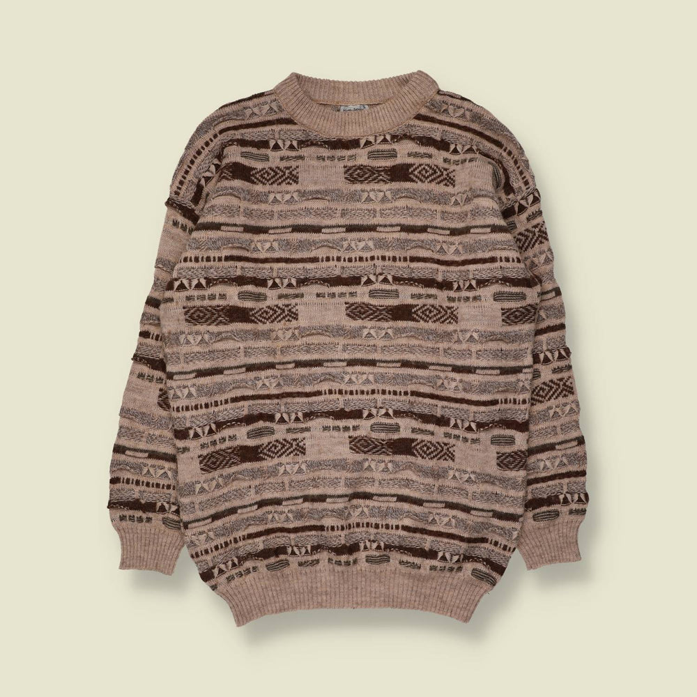 1980s | Textured Jumper | Beige & Brown - L
