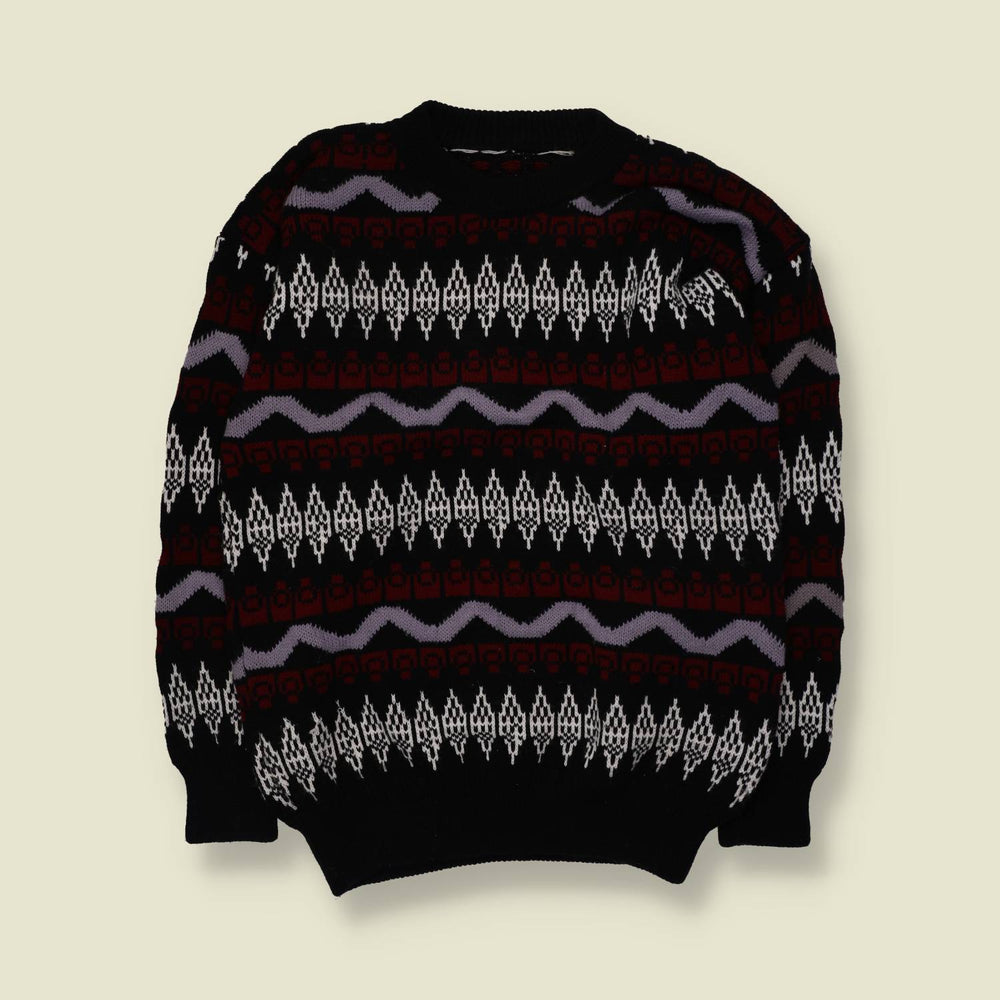 1980s | Fair Isle Jumper | Black & Burgundy - L