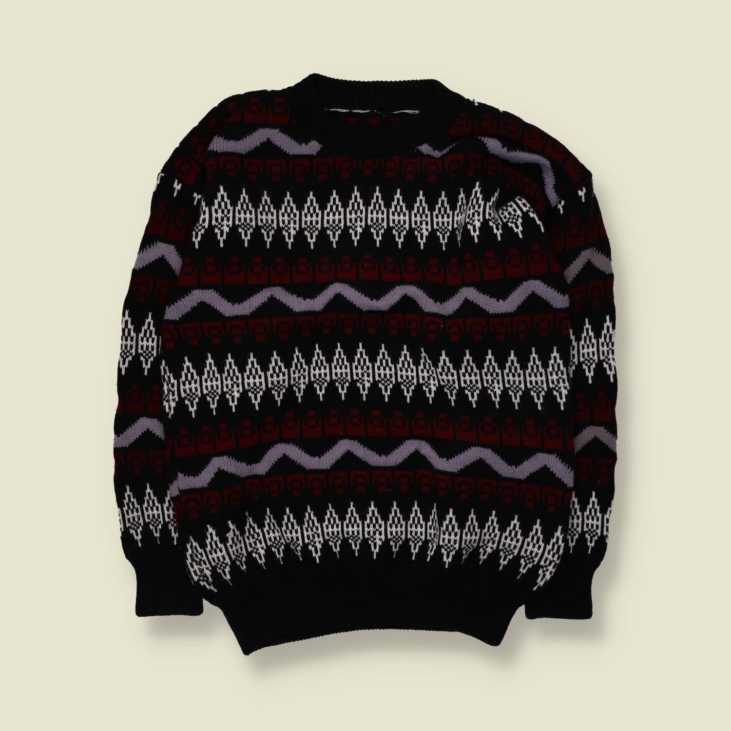 1980s | Fair Isle Jumper | Black & Burgundy - L