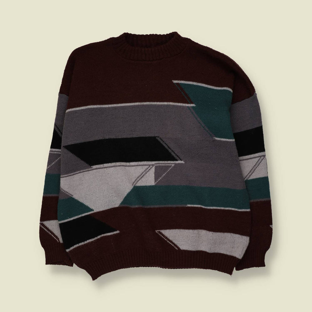 1980s | Abstract Jumper | Burgundy, Grey & Teal - XXL