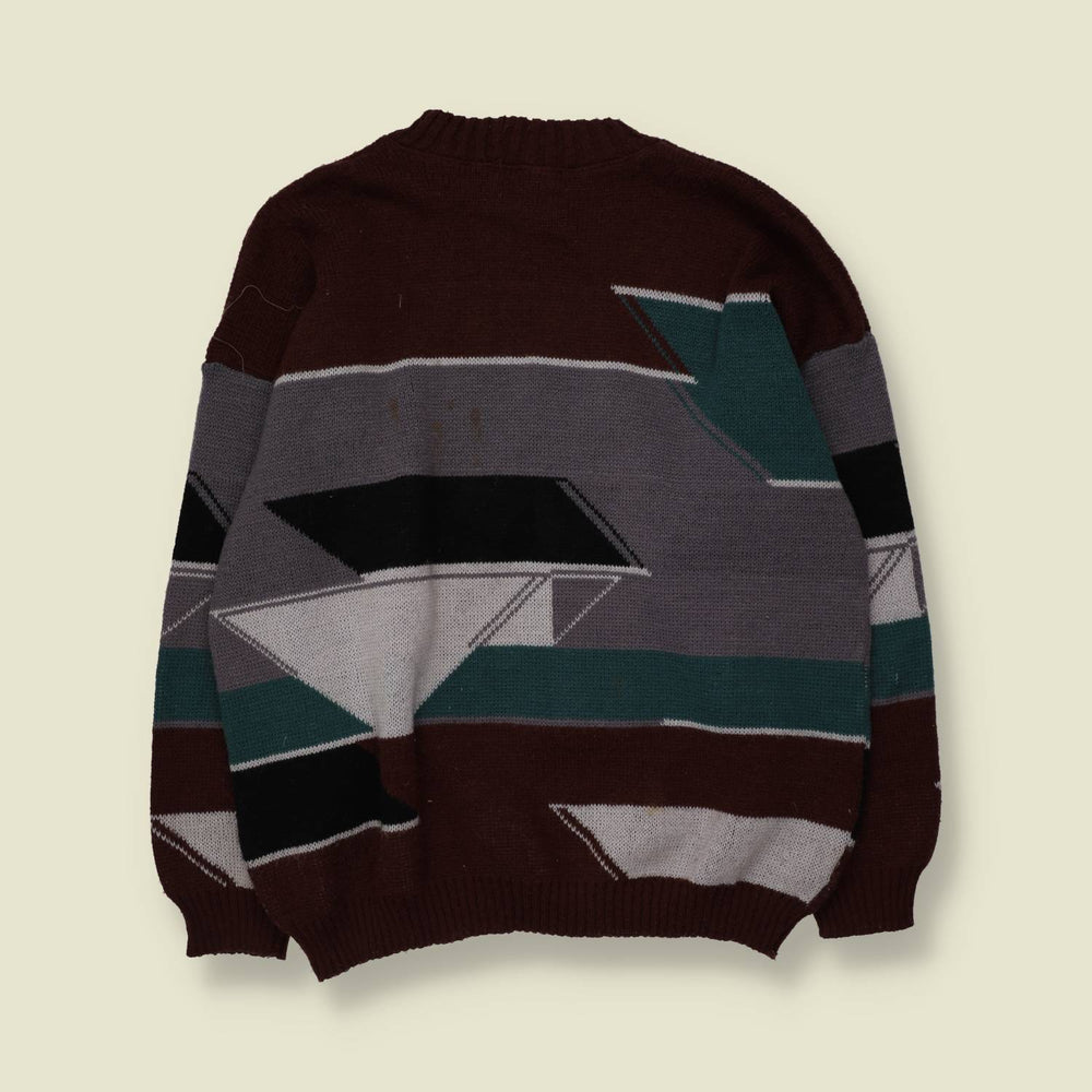 1980s | Abstract Jumper | Burgundy, Grey & Teal - XXL