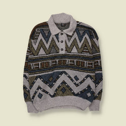 1980s | Huban Triko | Zigzag Polo Jumper | Grey & Blue - L