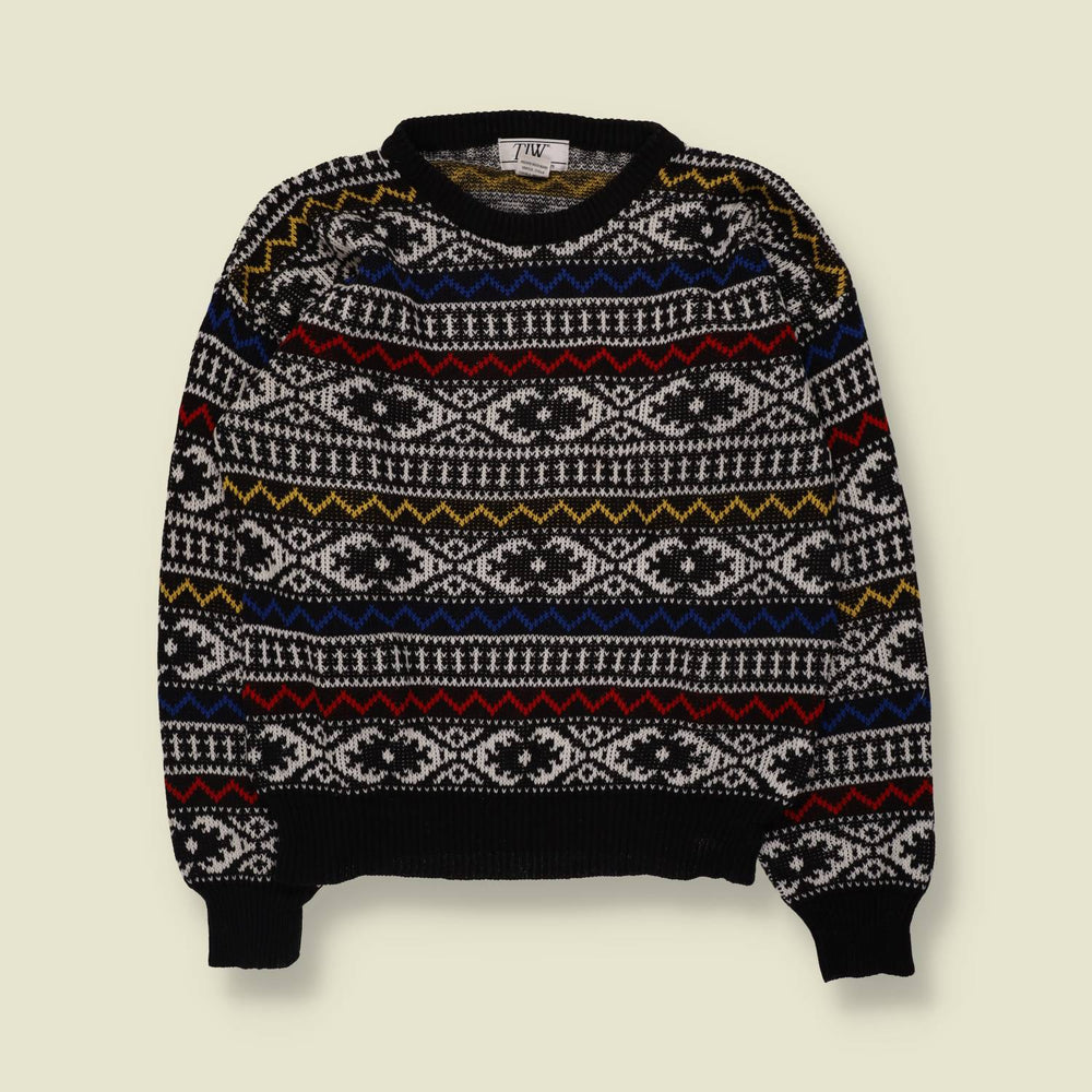 1980s | TIW | Fair Isle Jumper | Black & White Multicolour - M