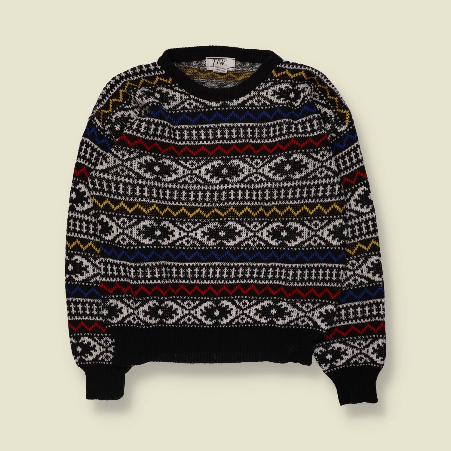 1980s | TIW | Fair Isle Jumper | Black & White Multicolour - M