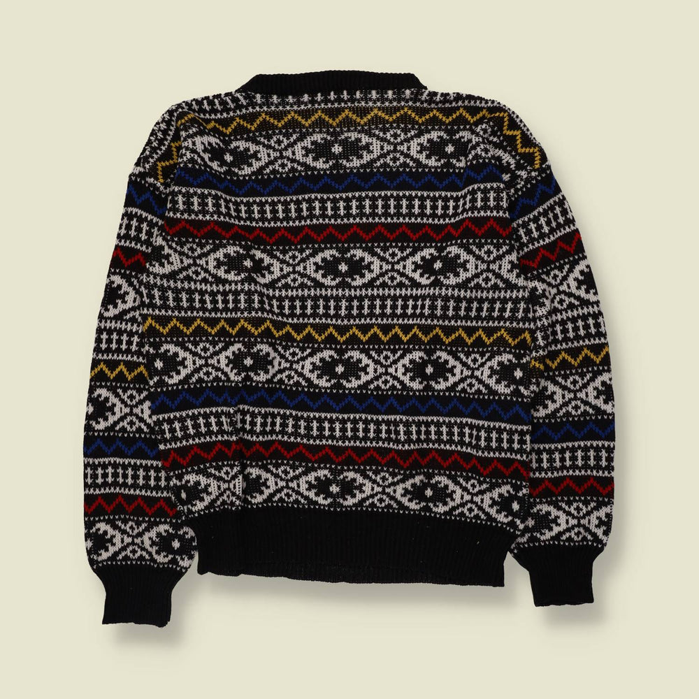 1980s | TIW | Fair Isle Jumper | Black & White Multicolour - M