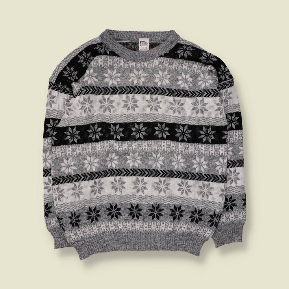 1980s | Snowflake Fair Isle Jumper | Grey & Black - XL