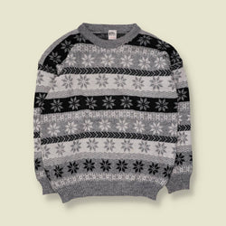 1980s | Snowflake Fair Isle Jumper | Grey & Black - XL