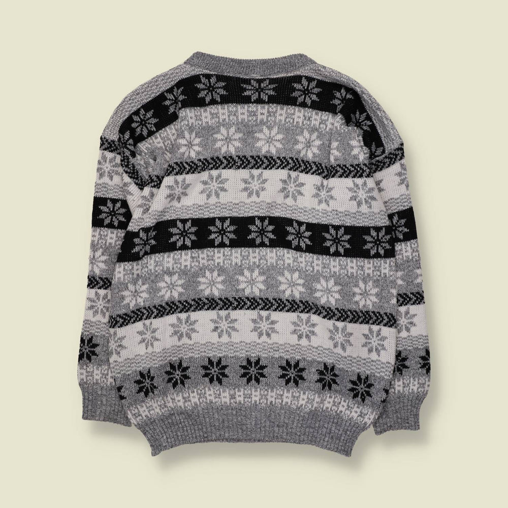1980s | Snowflake Fair Isle Jumper | Grey & Black - XL