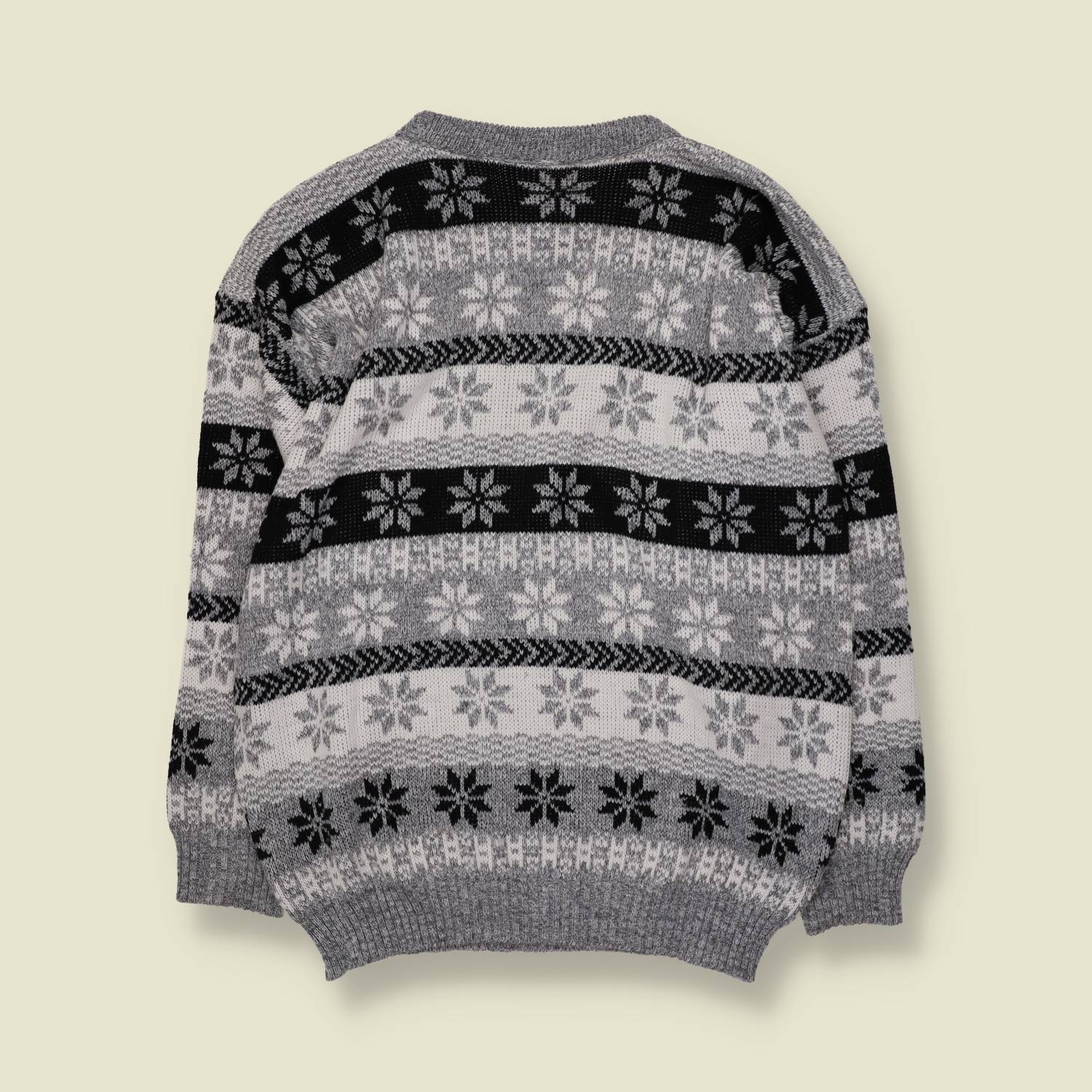 1980s | Snowflake Fair Isle Jumper | Grey & Black - XL