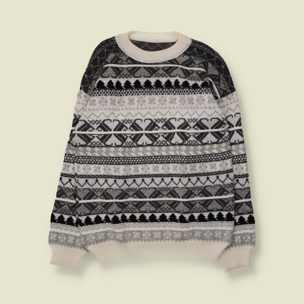 1980s | Fair Isle Jumper | Cream, Grey & Black - M