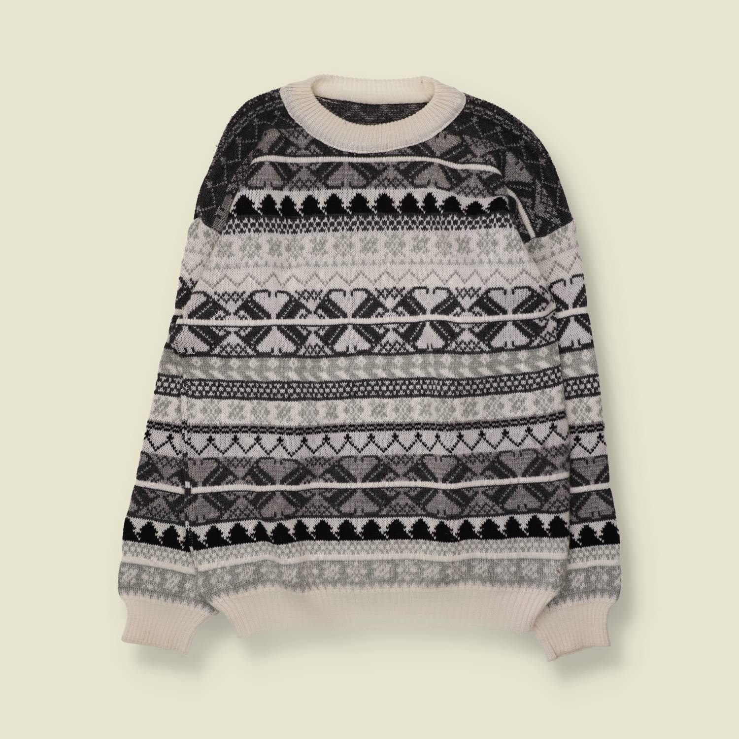 1980s | Fair Isle Jumper | Cream, Grey & Black - M