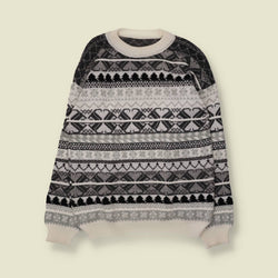 1980s | Fair Isle Jumper | Cream, Grey & Black - M