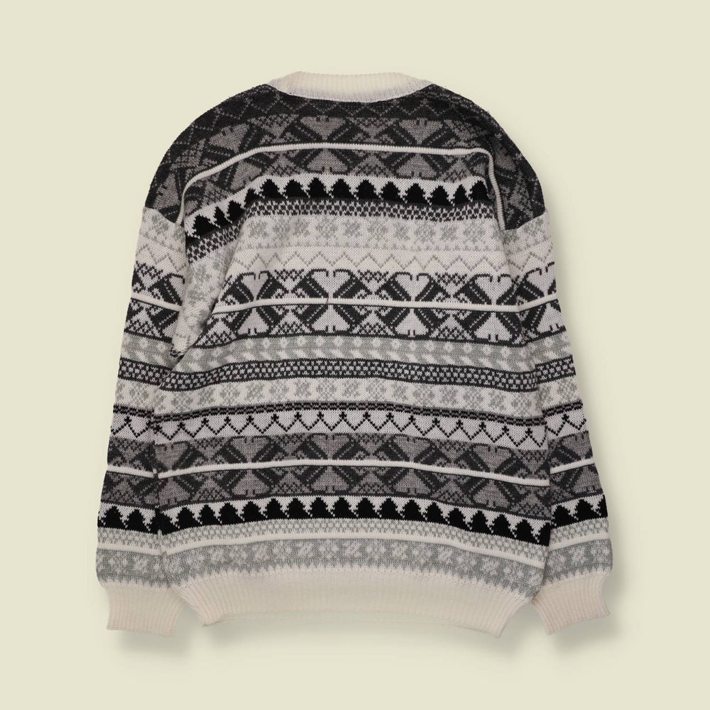 1980s | Fair Isle Jumper | Cream, Grey & Black - M