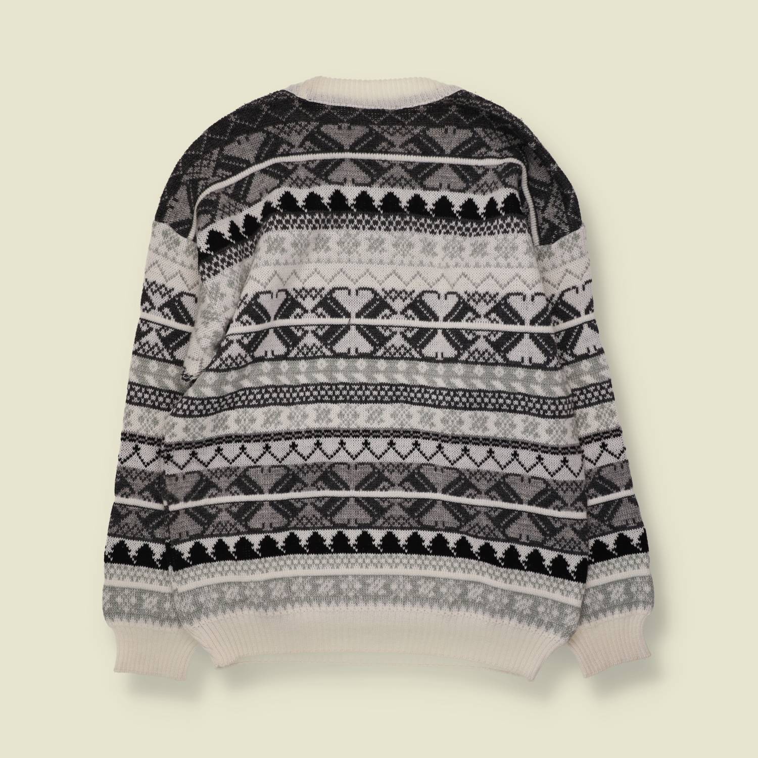 1980s | Fair Isle Jumper | Cream, Grey & Black - M