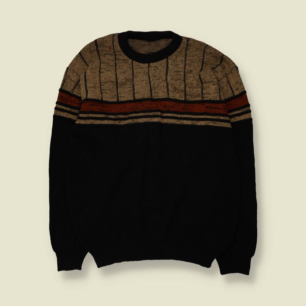 1980s | Colourblock Jumper | Black, Tan & Rust - XL