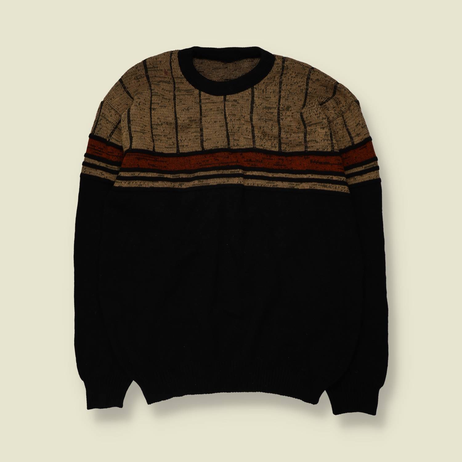 1980s | Colourblock Jumper | Black, Tan & Rust - XL