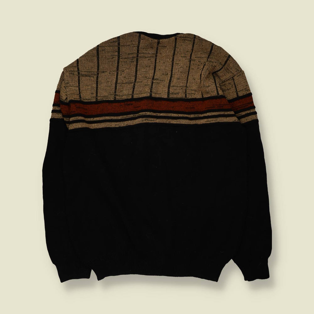 1980s | Colourblock Jumper | Black, Tan & Rust - XL
