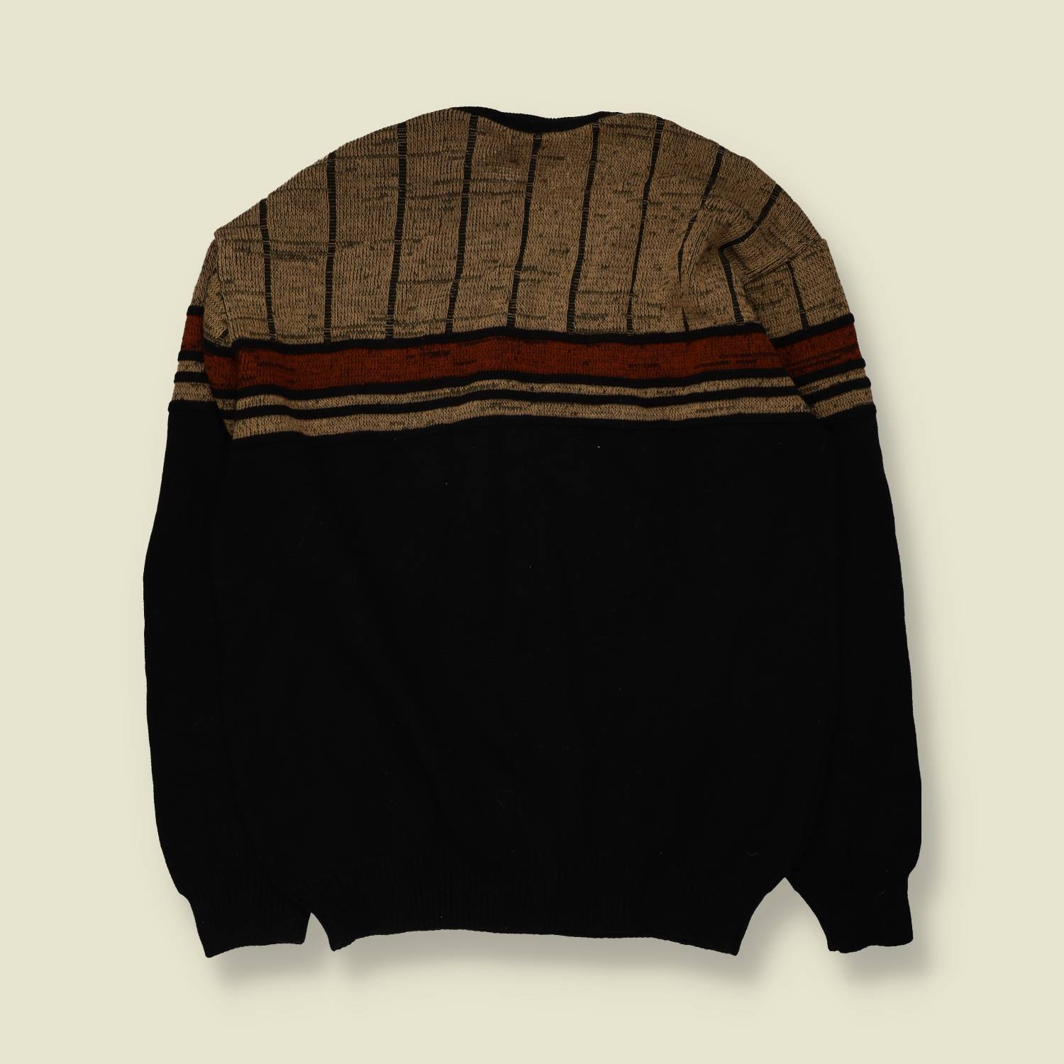 1980s | Colourblock Jumper | Black, Tan & Rust - XL