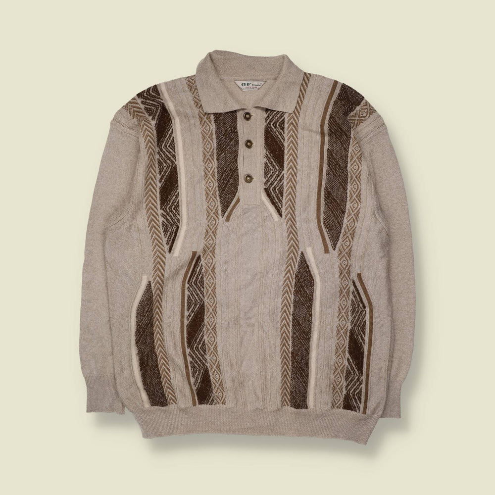 1980s | O.F. Duke | Textured Polo Jumper | Grey & Brown - XL