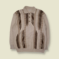 1980s | O.F. Duke | Textured Polo Jumper | Grey & Brown - XL