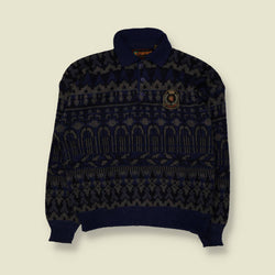 1980s | Le Cygne Sportif | Fair Isle Polo Jumper | Navy & Grey - XL