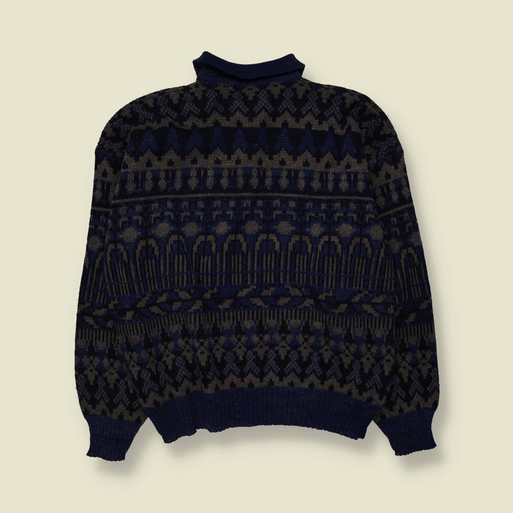 1980s | Le Cygne Sportif | Fair Isle Polo Jumper | Navy & Grey - XL