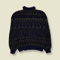 1980s | Le Cygne Sportif | Fair Isle Polo Jumper | Navy & Grey - XL