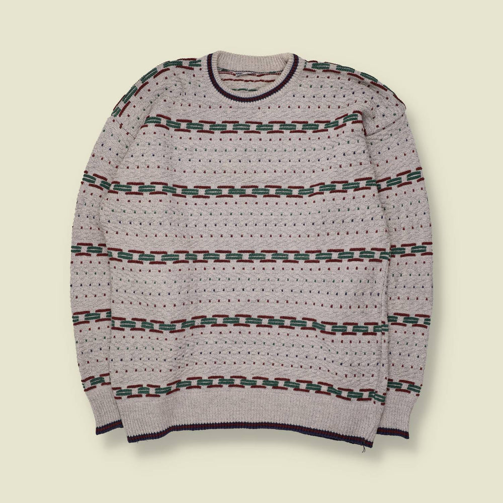1980s | Textured Jumper | Grey with Chain Stripe - L