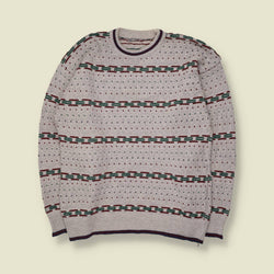 1980s | Textured Jumper | Grey with Chain Stripe - L