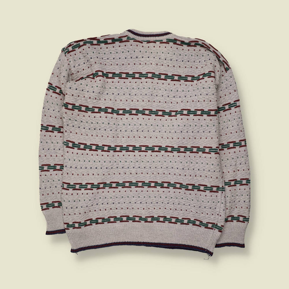 1980s | Textured Jumper | Grey with Chain Stripe - L