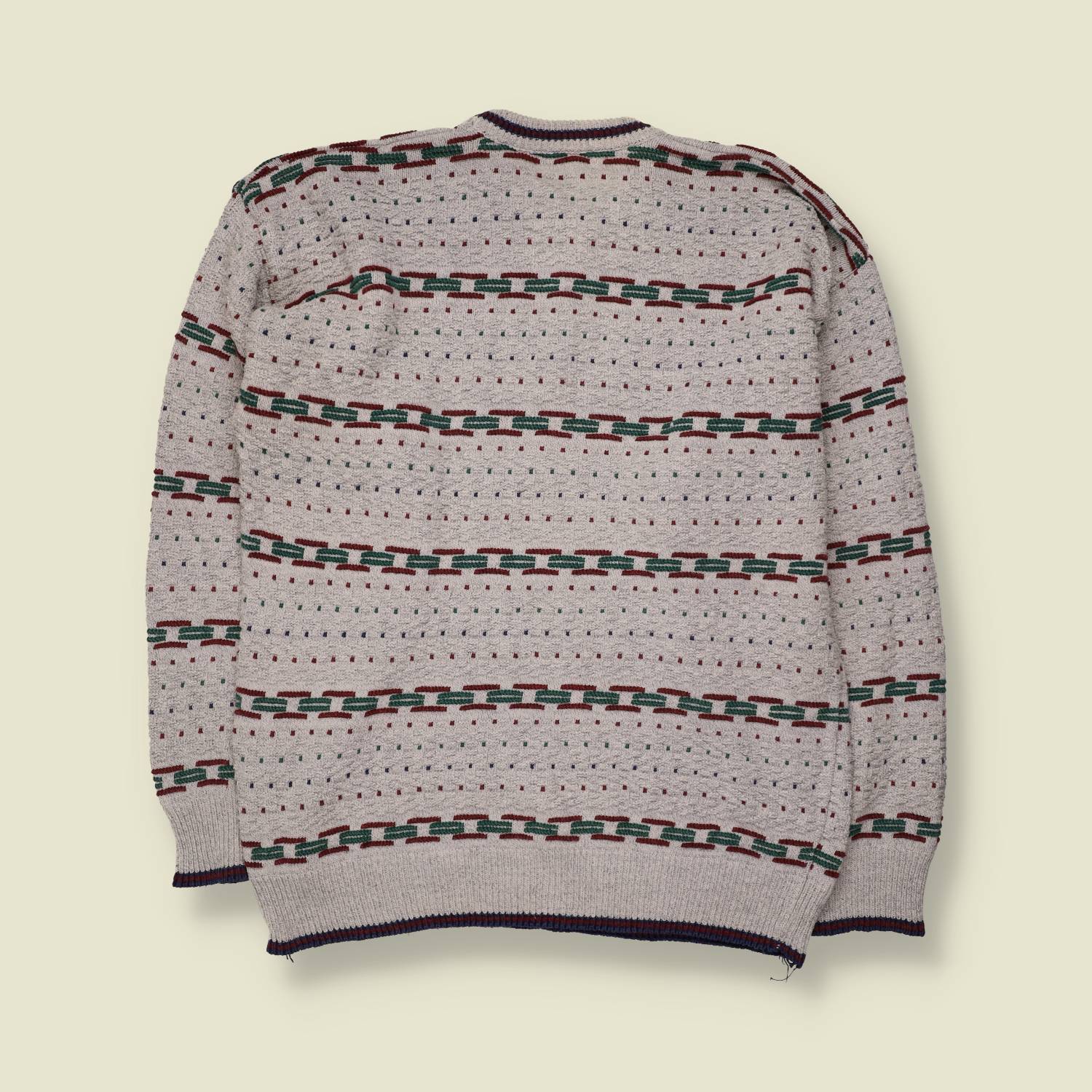 1980s | Textured Jumper | Grey with Chain Stripe - L