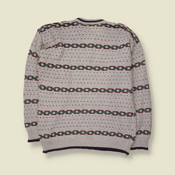 1980s | Textured Jumper | Grey with Chain Stripe - L