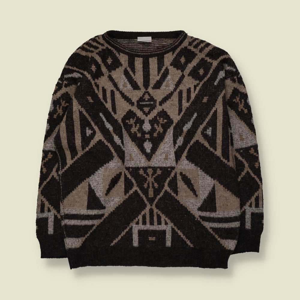 1980s | Aztec Pattern Jumper | Black, Grey & Taupe - L