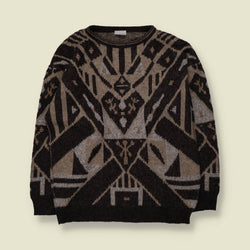 1980s | Aztec Pattern Jumper | Black, Grey & Taupe - L
