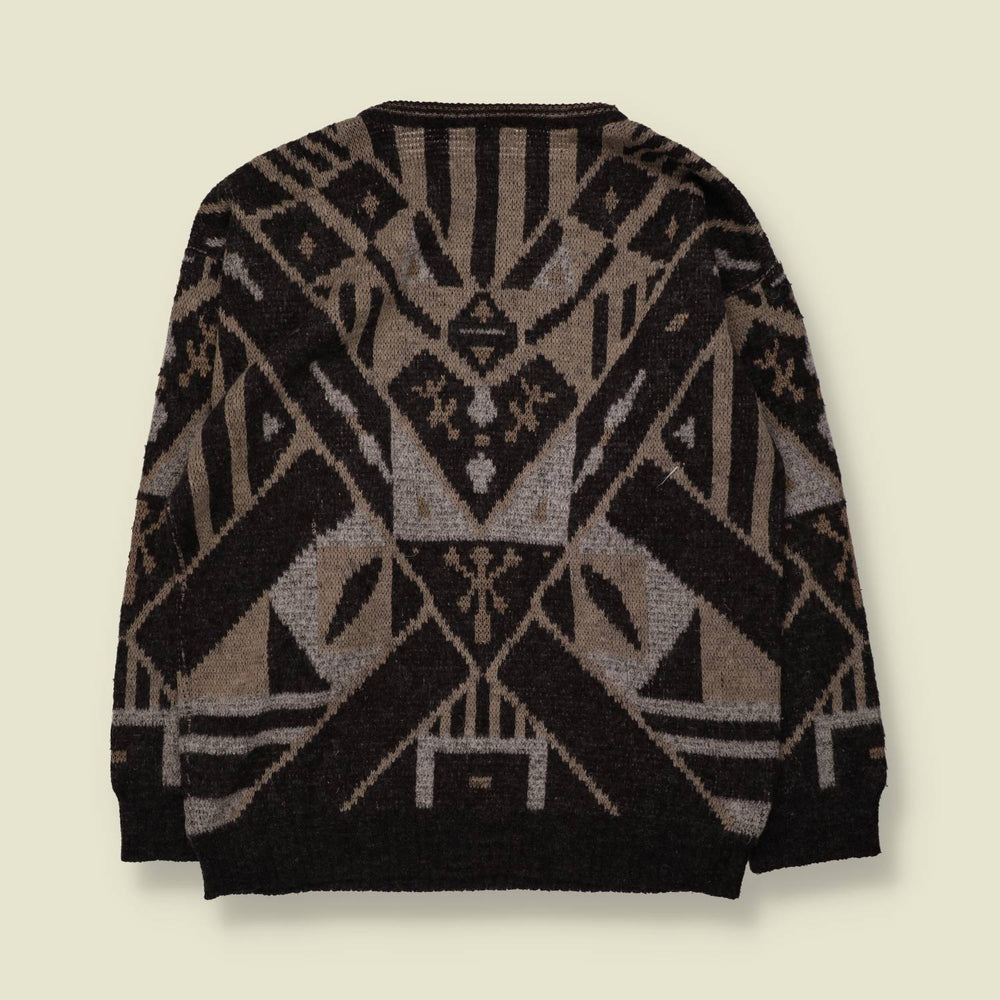 1980s | Aztec Pattern Jumper | Black, Grey & Taupe - L