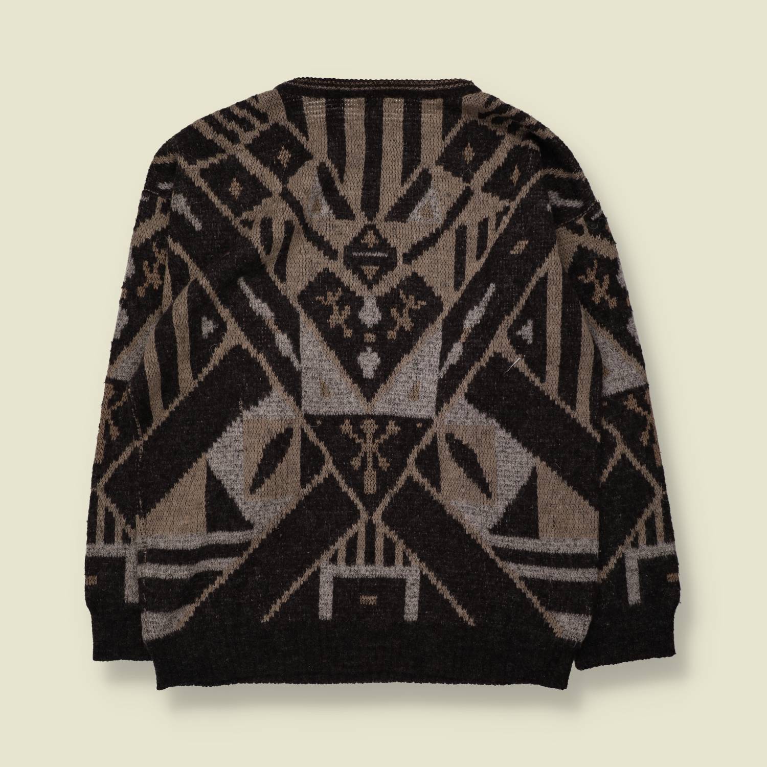 1980s | Aztec Pattern Jumper | Black, Grey & Taupe - L