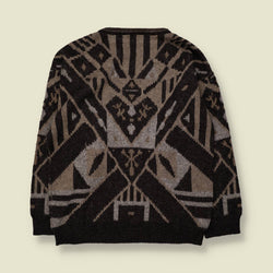1980s | Aztec Pattern Jumper | Black, Grey & Taupe - L
