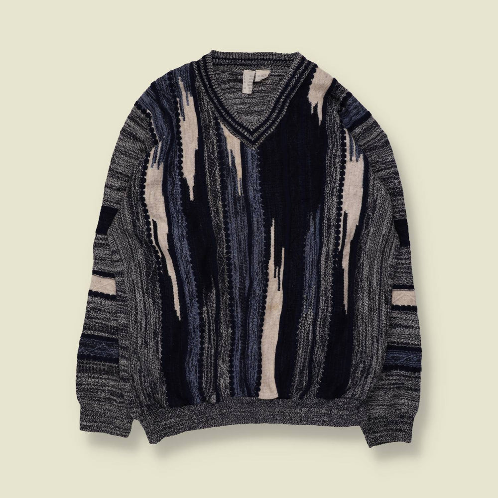 1980s | Textured V-Neck Jumper | Navy & Grey - L