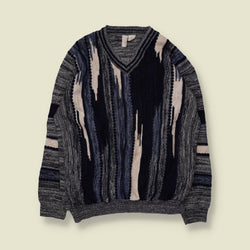 1980s | Textured V-Neck Jumper | Navy & Grey - L