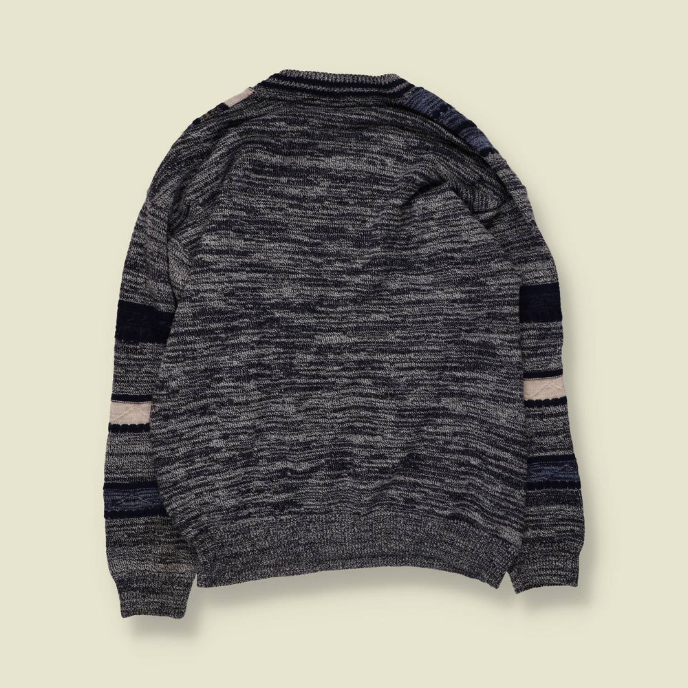 1980s | Textured V-Neck Jumper | Navy & Grey - L