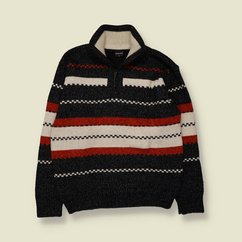 1980s | Signore | Quarter-Zip Jumper | Navy, Rust & Cream - M
